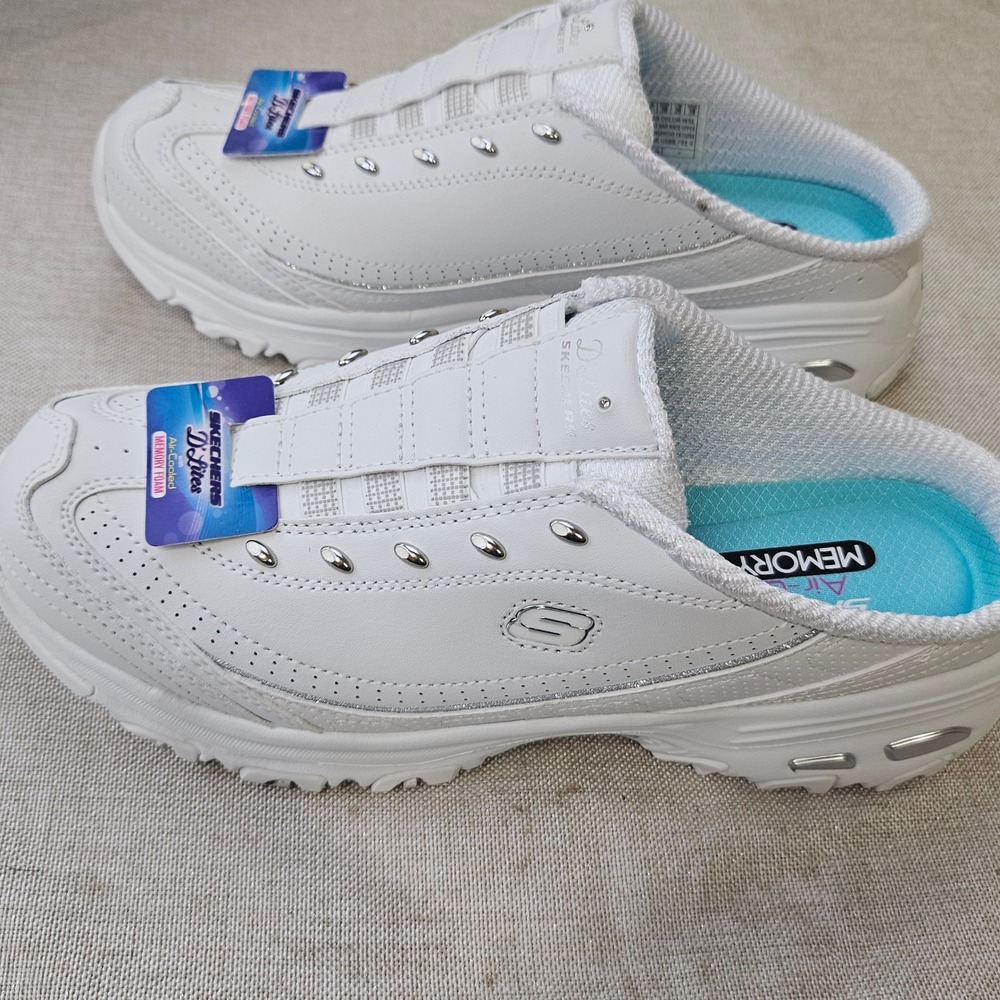Skechers D'Lites Resilient Womens 9 White Silver Leather Mule Sneakers 11933 NEW - Picture 2 of 11
